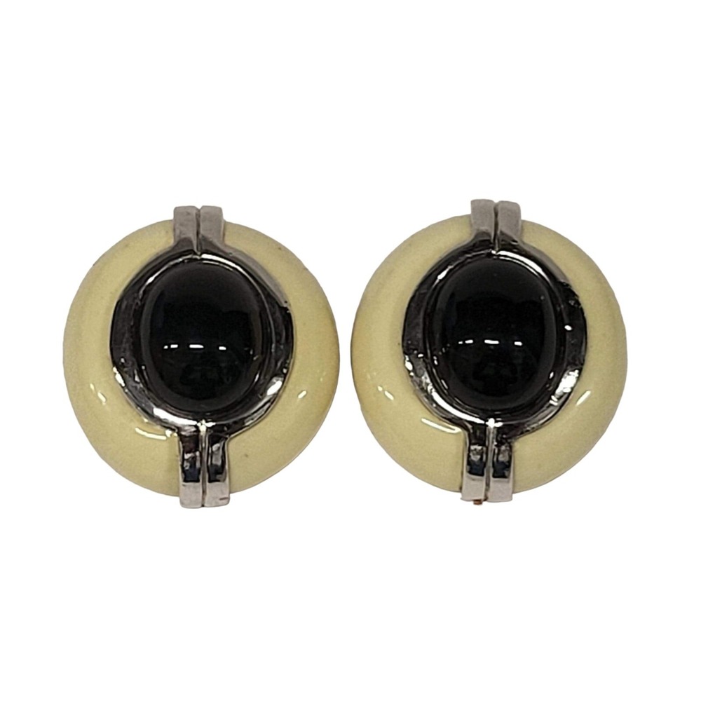 Vintage CINER SilverTone Enamel Black Stone Clip On Earrings SIGNED RARE - Picture 7 of 7